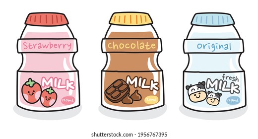 Set of cute milk bottle cartoon on white background.Strawberry,chocolate,original flavor.Kid graphic design.Baby.Art.Image.Sticker.Isolated.Kawaii.Vector.Illustration.Illustrator.