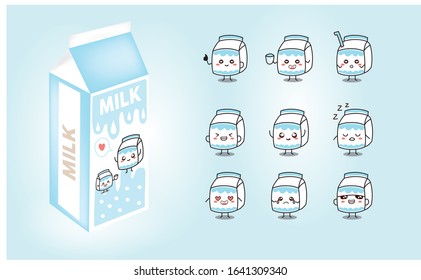 Set of cute milk designs with box of milk packaging mockup vector