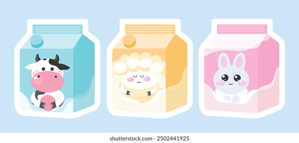 Set of cute milk packaging with lids in cartoon style.Vector illustration of cardboard boxes for milk in pastel shades with different designs:a cow,a sheep,a bunny isolated on a light blue background.