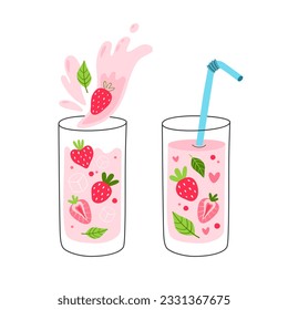 Set of cute milkshakes with strawberries and salty splashes. Vector illustration.