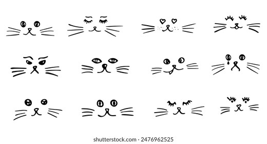 A set of cute minimal cat faces in black outline.
Cats emotions. Pet faces with hanging tongue nose moustache, animals kitten muzzle different mood expression happy or anger. Vector illustration.