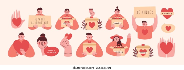 Set of cute minimal cliparts with volunteers, activists, box for donation, placard, banner, persons, hands, hearts. Modern cartoon illustrations. Volunteering, supporting, humanism, charity conception