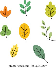A set of cute minimal leaf illustrations in various shapes and warm autumn colors. Hand-drawn style with simple black line details, featuring green, yellow, and orange tones. Perfect for nature-themed
