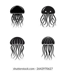 Set of Cute and Minimalist Jellyfish Icons – Black Silhouette Vector Collection