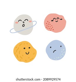 Set süßer minimalistischer Planet und Mond Gesichter. Freehand einfache Vektorgrafiken einzeln auf weißem Hintergrund.