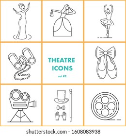 Set of cute minimalistic funny theatrical outline icons.  