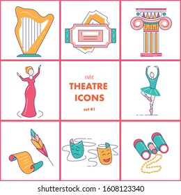 Set of cute minimalistic funny theatrical icons. Design objects for web, mobile design for opera, theater, concert, acting.