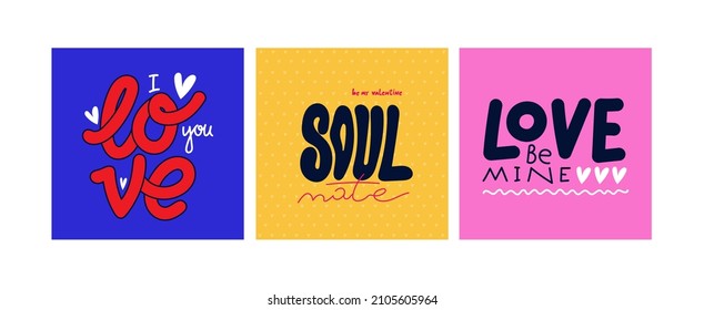 Set of cute minimalistic posters for Valentine's Day. Collection Valentine's Day cards. Posters with lettering, logo. Vector illustration, invitation, banner, postcards. Isolated on white background.