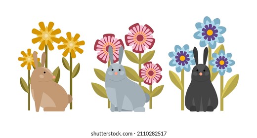 Set von süßen minimalistischen Kaninchen mit Blumen. Vektorgrafik
