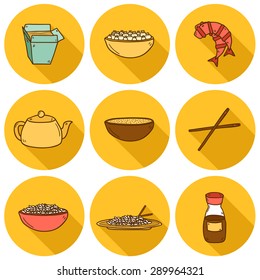 Set of cute modern hand drawn cartoon icons with shadow on chinese food theme: rice, teapot, chinese pasta, soy sauce, soup, chinese sticks, chinese dumpling, shrimp. Vector ethnic chinese cuisine