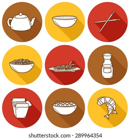 Set of cute modern hand drawn cartoon outline icons with shadow on chinese food theme: rice, teapot, chinese pasta, soy sauce, soup, chinese sticks, chinese dumpling, shrimp. Vector ethnic chinese