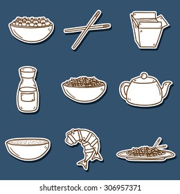 Set of cute modern hand drawn cartoon stickers on Chinese food theme: rice, teapot, Chinese pasta, soy sauce, soup, Chinese sticks, Chinese dumpling, shrimp. Vector ethnic Chinese cuisine concept