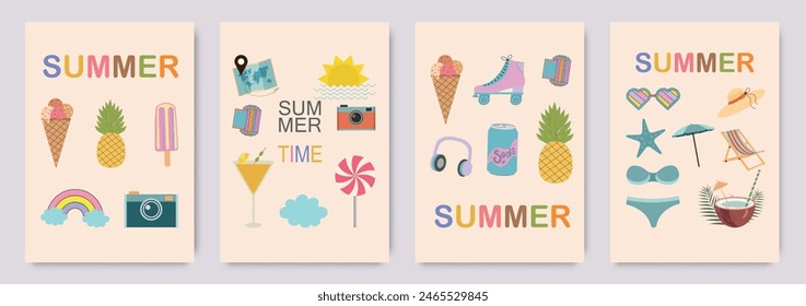 Set of cute modern summer posters, cards. Ice cream, fruit, sea life, cocktails. Interior print for a children's room. Vector illustration of summer vacation, travel, vacation, wall art.