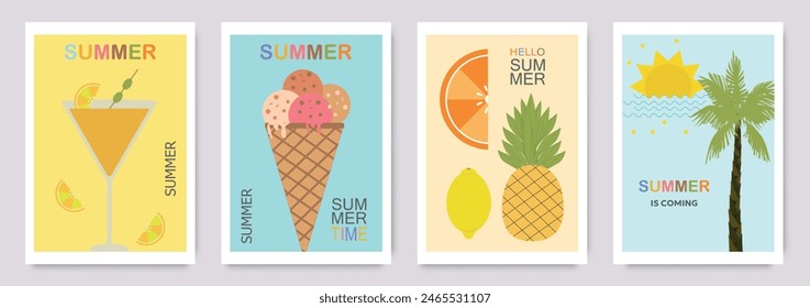 Set of cute modern summer posters, cards. Ice cream, fruits, cocktails, palm. Interior print for a children's room. Vector illustration of summer vacation, travel, vacation, wall art.