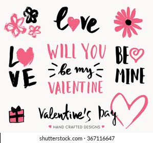 A set of cute and modern typographic designs for St. Valentine's Day. Hand drawn elements and lettering designs in black and pink, perfect for greeting cards, invitations, posters, mugs, etc.