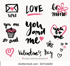 A set of cute and modern typographic designs for St. Valentine's Day. Hand drawn elements and lettering designs in black and pink, perfect for greeting cards, invitations, posters, mugs, etc.