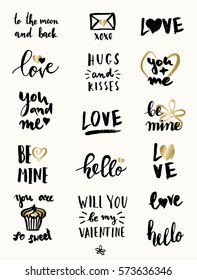 A set of cute and modern typographic designs for St. Valentine's Day. Hand drawn elements and lettering designs in black and gold, perfect for greeting cards, invitations, posters, mugs, etc.
