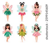 Set of cute and modest forest fairy with wings in a flower dress on white background. Poster, Banner, Flyer, Greeting Card. Vector illustration in flat cartoon style