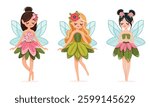 Set of cute and modest forest fairy with wings in a flower dress on white background. Poster, Banner, Flyer, Greeting Card. Vector illustration in flat cartoon style
