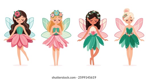 Set of cute and modest forest fairy with wings in a flower dress on white background. Poster, Banner, Flyer, Greeting Card. Vector illustration in flat cartoon style