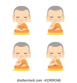 Set of cute monk with different hand gesture. Cartoon vector illustration isolated on white background.