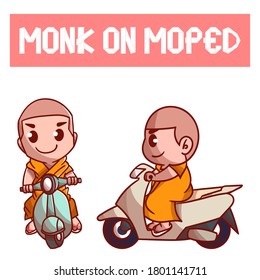 set of cute monk on moped character with optional apprearance. premium kawaii vector