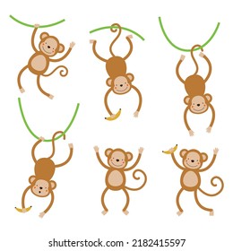 A set with a cute monkey animal with a banana isolated on a white background. Vector illustration for printing on fabric, wrapping paper, clothing. Cute baby background