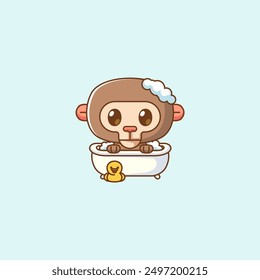 set Cute monkey bathing time in bathtub kawaii chibi character mascot illustration outline style design