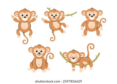 A set of cute monkey cartoon characters in various poses, isolated on a white background. Ideal for kids design and illustrations.