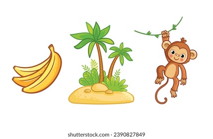 Set of cute  monkey character, palm trees, bananas.  Wild animal and their homes, favorite food in cartoon style. Children design vector element  for activity books.