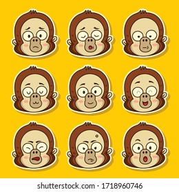 Set of Cute Monkey Face Emoticons. Children Illustration. Kawaii Face Animals Illustration