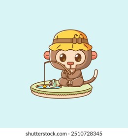 set Cute monkey fishing fish on island kawaii chibi character mascot illustration outline style design