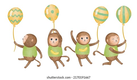 Set of cute monkey holding balloons in various gesture watercolor painting in cartoon style, vector illustration