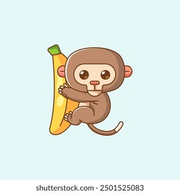 Conjunto lindo mono abrazo banana colgando kawaii chibi personaje mascota ilustración de contorno estilo