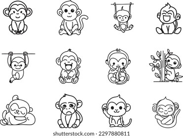 Set of Cute monkey line art illustration