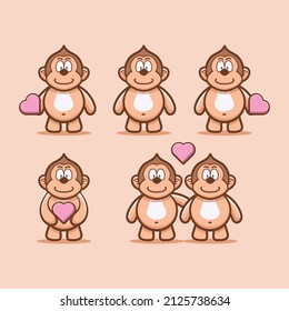 set cute monkey with love