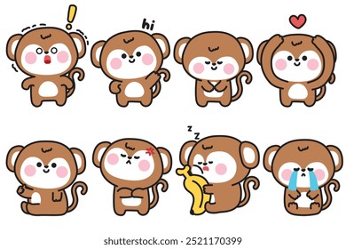 Conjunto de macaco bonito em vários sentimentos e poses.Emotional.Banana.Wild desenho animado personagem animal.Image para cartão,adesivo,decorado,bebê product.Kawaii.Vetor.Illustration.