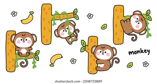 Set von niedlichen Affen in verschiedenen Posen bleiben auf Baum.Natur.Blume.Blatt.Banane.Wilde Tierfigur Cartoon-Design.Kawaii.Vektor.Illustration.