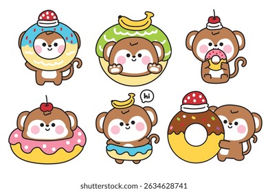 Set of cute monkey in various poses and feeling.Bakery and dessert.Donut,banana,strawberry,cherry.Wild animal character cartoon design.Kawaii.Vector.Illustration