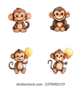 set of cute monkey watercolor illustrations for printing on baby clothes, sticker, postcards, baby showers, games and books, Safari jungle animals vector