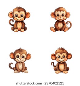 set of cute monkey watercolor illustrations for printing on baby clothes, sticker, postcards, baby showers, games and books, Safari jungle animals vector