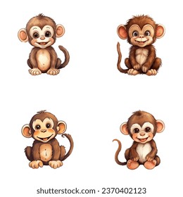 set of cute monkey watercolor illustrations for printing on baby clothes, sticker, postcards, baby showers, games and books, Safari jungle animals vector