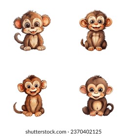 set of cute monkey watercolor illustrations for printing on baby clothes, sticker, postcards, baby showers, games and books, Safari jungle animals vector