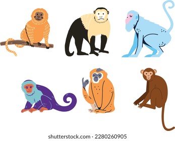 Set of cute monkeys. Vector illustration in flat style. Isolated on white background.