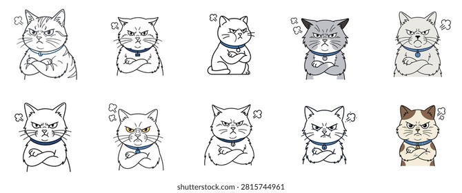 A set of cute monochrome and brown cat characters with playful expressions, whiskers, and paws, suitable for stickers, posters, and playful branding themes.   