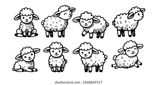 A set of cute monochrome sheep. Vector characters for birthday parties, invitations, birthday cards, children's T-shirts and stickers. Hand-drawn illustration for children's items.