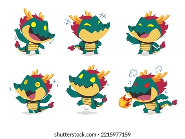 set of cute monster Asian Dragon cartoon mascot character