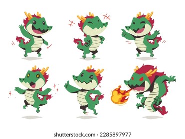 set of cute monster Asian Dragon cartoon mascot character