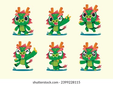 set of cute monster Asian Green Dragon cartoon mascot character	
