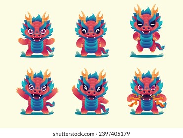 set of cute monster Asian Red Dragon cartoon mascot character	